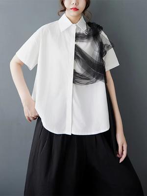 Patchwork Mesh Turn-down Collar Shirt GYX1536