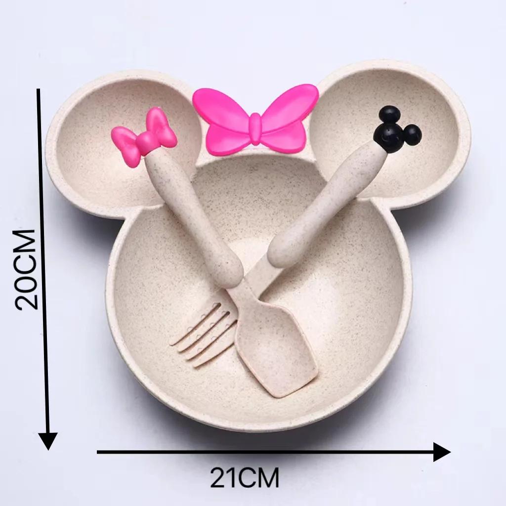 3pcs Wheat Straw Baby Cartoon Tableware Set Kindergarten Dinner Plate Durable To Baby Feeding Plate Training Bowl Spoon Fork
