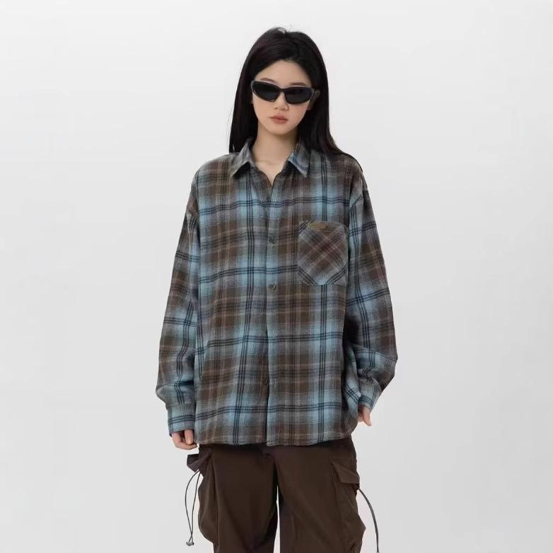 Unisex retro kostkovaná košile s dlouhým rukávem - jarní/podzimní volná ležérní bunda s límcem