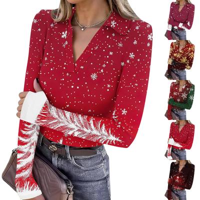Women's Fashion Casual Christmas Print V-Neck Long Sleeve Button-Down Top