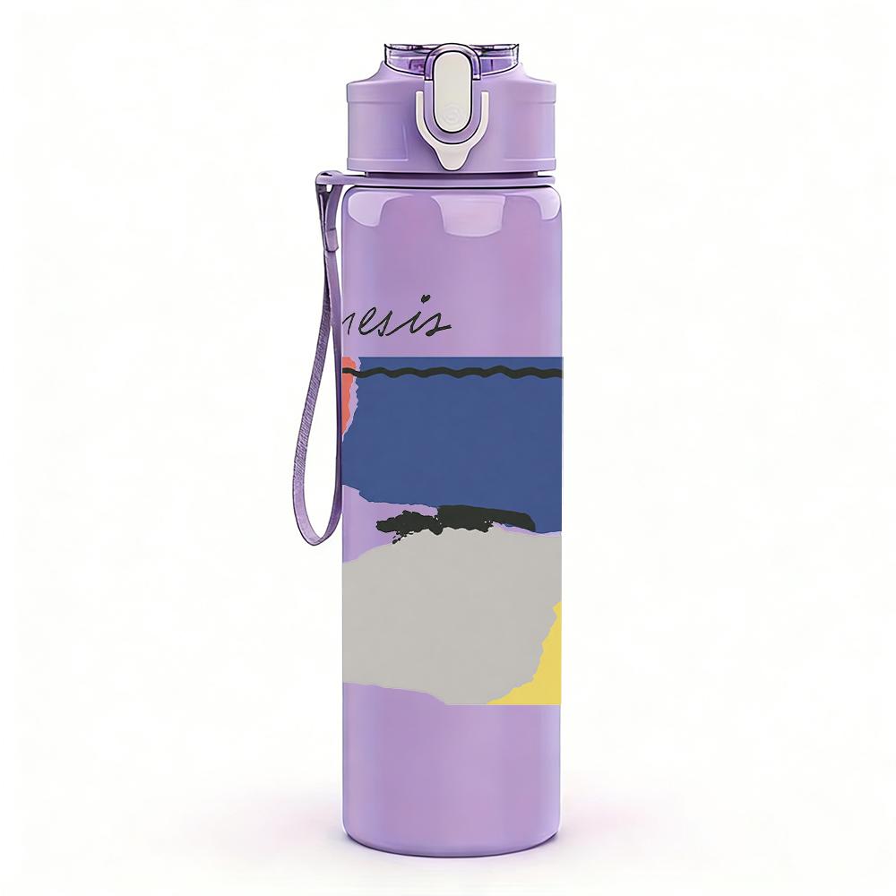 1PC Abstract color block rectangular print 750ml colorful plastic sports water bottle leakproof pop up lid with straw for outdoor work home use