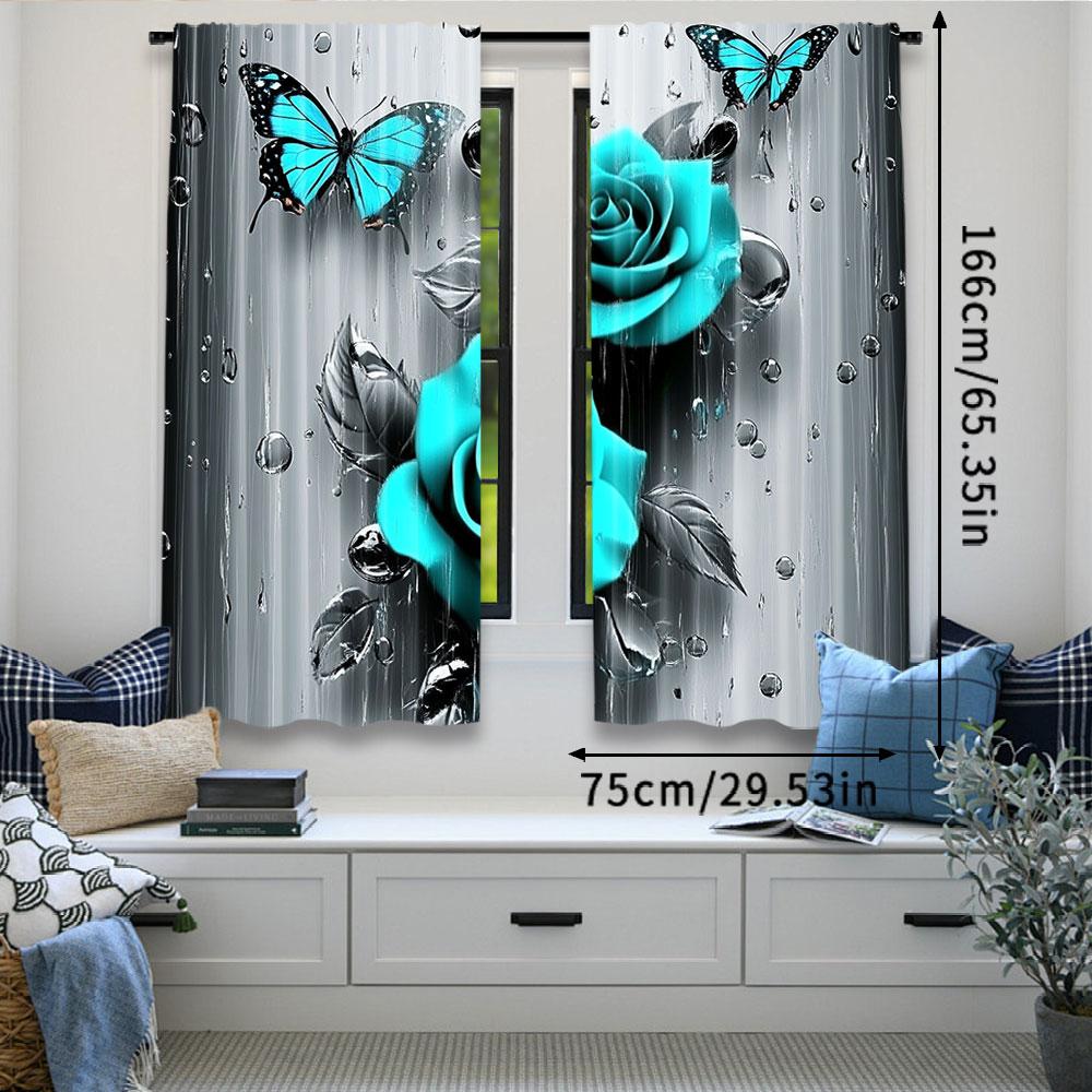 2Pcs Teal Rose Curtain Turquoise Floral Raindrops Art Window Drapes Suitable For Bedroom Bathroom Living Room