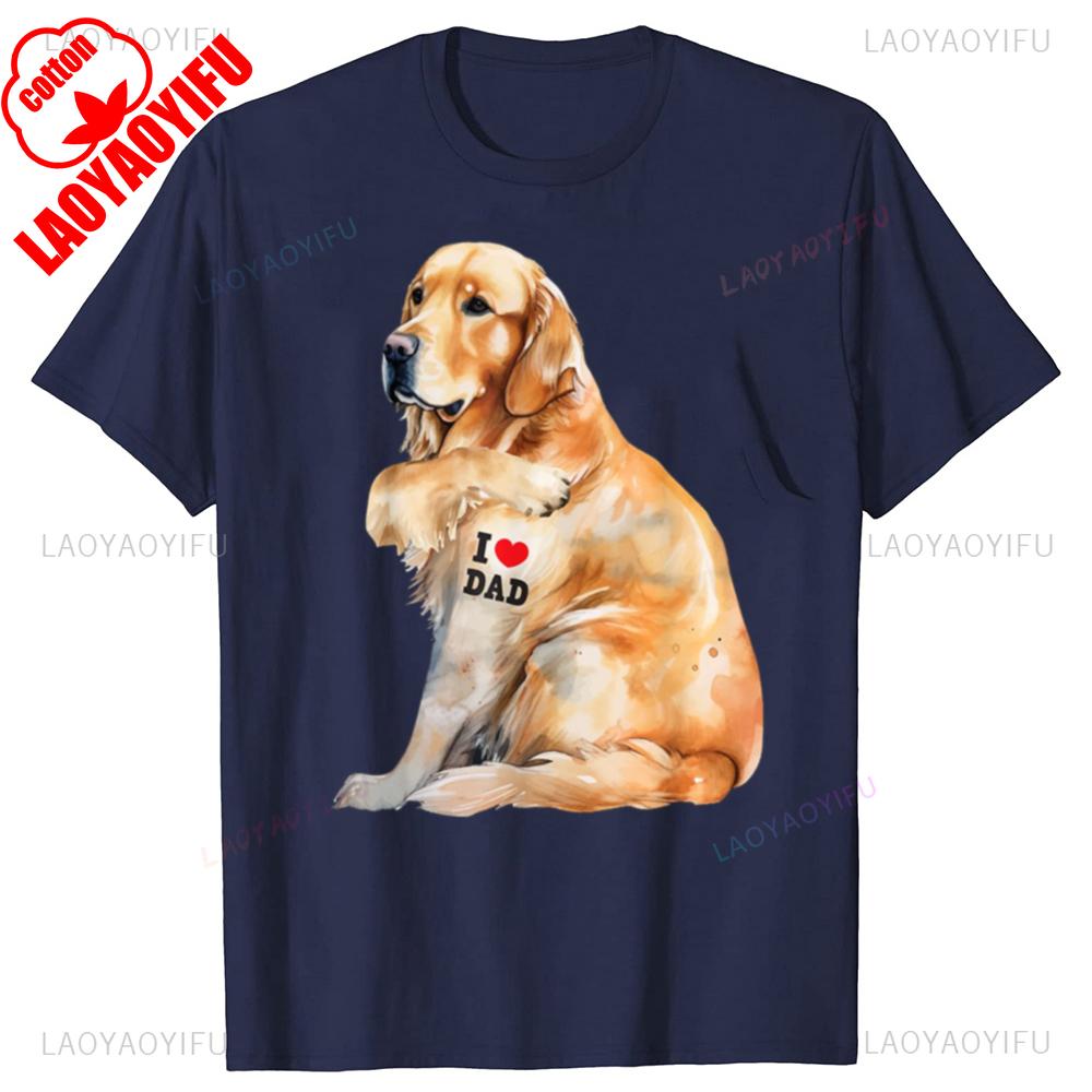 I Love Dad Patriotic Golden Retriever Canine Dog Lover Graphic TShirt Puppy Trainers Y2k Design Fathers Day Daddy Cotton Tee 4XL