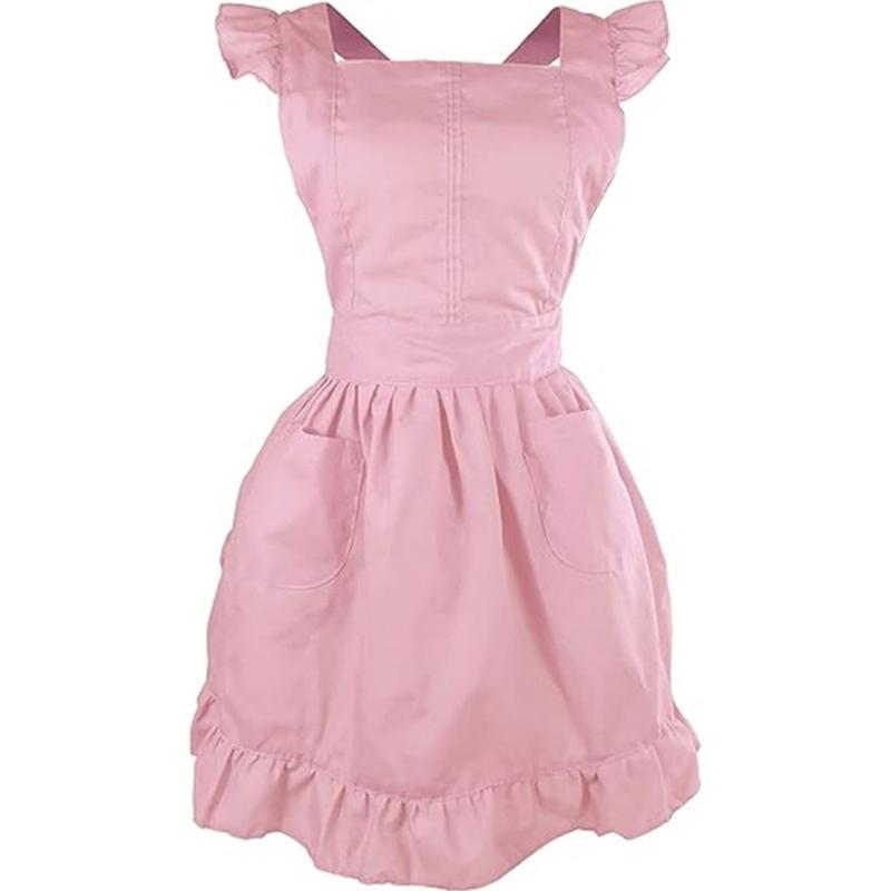 Women Ruffled Apron with Pocket Cotton Apron Pinafore Dress Ruffle Maid Apron Kitchen Cooking Apron for Baking Gardening
