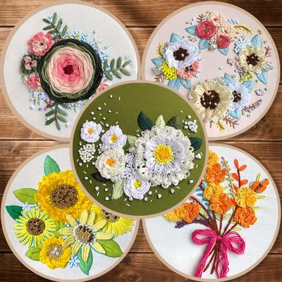 Embroidery Cross Stitch Easy DIY Starter Kit Flowers Pattern Pre-Stamped Needlepoint Sewing Art Craft With Hoop Thread and Tools