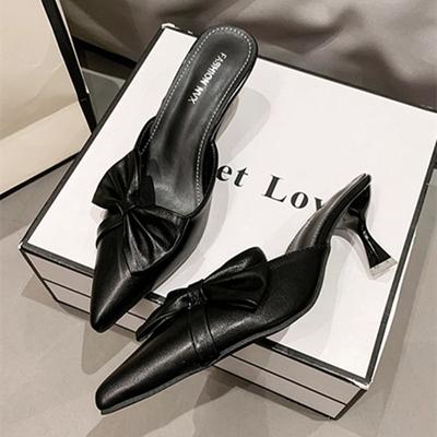 New High Heel Mules Shoes for Women Elegant Pointy Toe Fine High Heel Slide Slippers Women Fashion Bowtie Designer Sandals Women