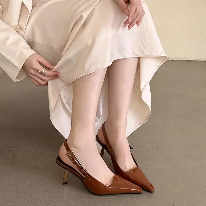 Temperament Patent Leather Square Head Thin High Heels Sandals for Women Pumps Luxury Buckle Back Strap Office & Career Shoe