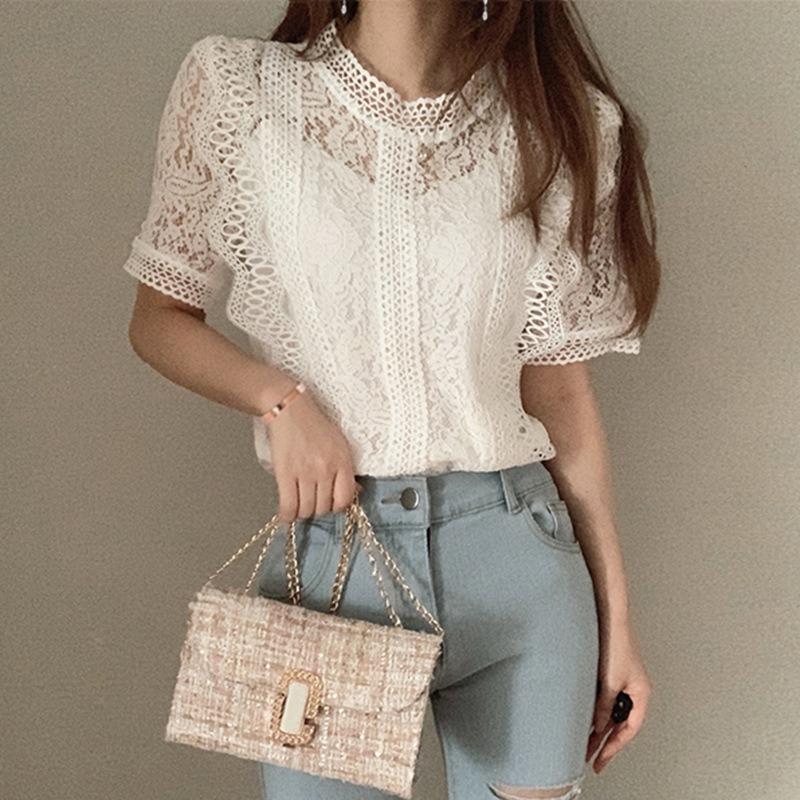 Women Round Neck Hollow Out Lace Blouse Short Sleeve Casual Crochet Top S белый