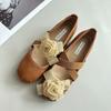 Cowhide Version Inner Height-increasing Shoes Genuine Leather Retro Camellia Shallow Mouth Single Shoes Female Pig Nose Cross Belt Mary Jane Shoes