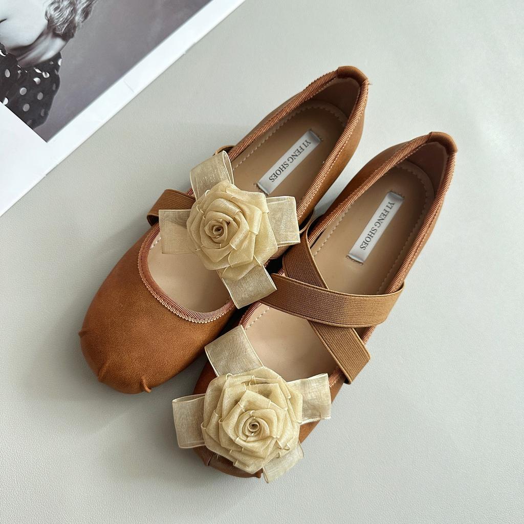 Cowhide Version Inner Height-increasing Shoes Genuine Leather Retro Camellia Shallow Mouth Single Shoes Female Pig Nose Cross Belt Mary Jane Shoes