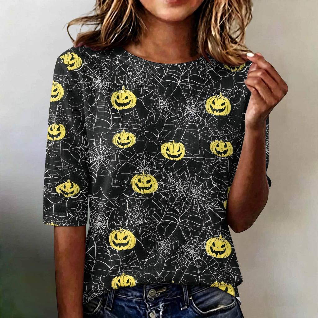 Women Casual Loose Fit Short Sleeve T Shirt Round Neck Lightweight Halloween Pumpkin Web Pattern Top