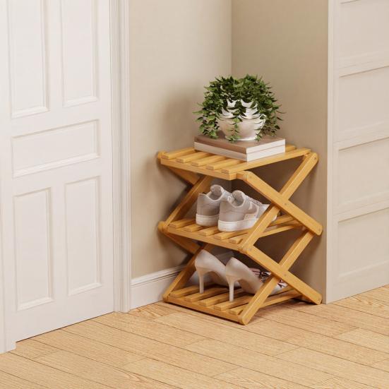 Wooden Folding Shoe Rack No Assembly 2/3/4/5/6/7 Tiers Bamboo Corner Shoe Rack Hallway Entryway Small Space Shoe Organizer Shelf