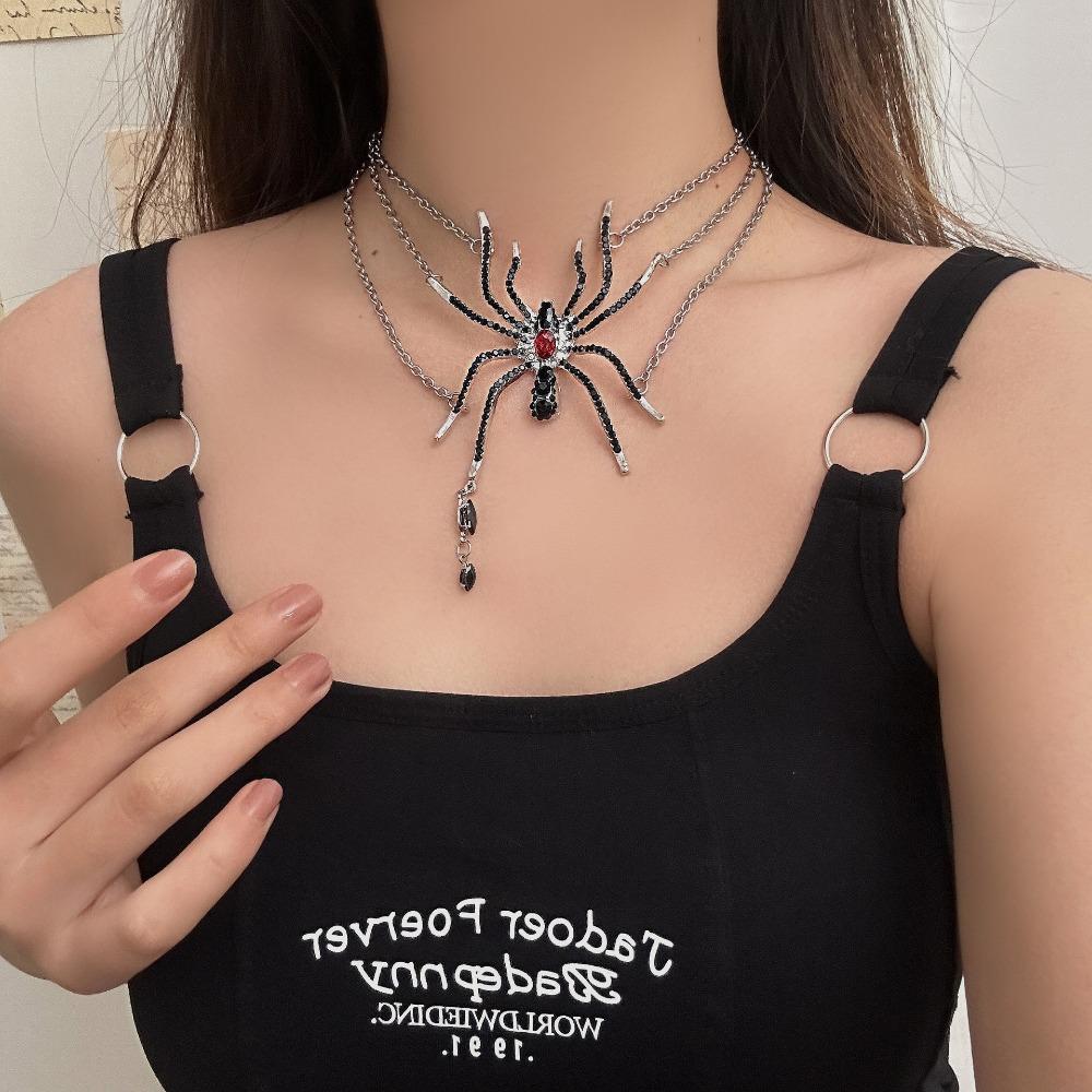 Punk Personality Simulation Rhinestone Black Spider Tassel Multi-layered Necklace for Women Halloween Collar Chain Jewelry Gifts