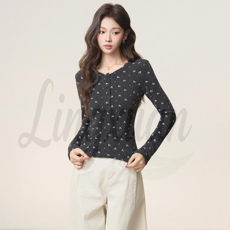 

Korean Style Slim Fit Floral Long-Sleeve Women s T-Shirt for Autumn/Winter, Elegant Casual Base Layer S