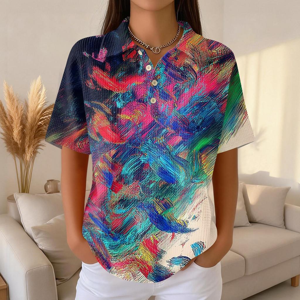 Women’s Casual Short Sleeve Print Polo Shirt with Button Front and Abstract Pattern for Daily Wear