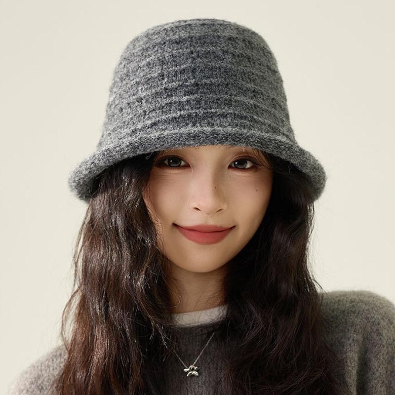 Autumn Winter Knitted Bucket Hat Women's Curling Solid Color Warm Fisherman Hat