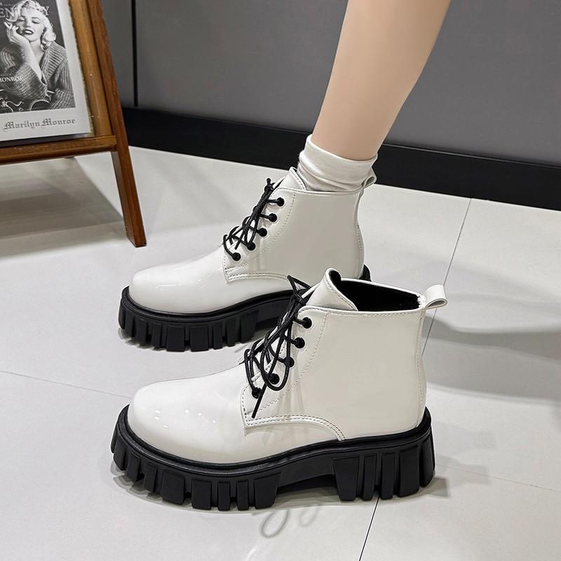 Anti-slip Platform Booties Winter New Round Toe Lace-up Patent Leather Waterproof Block Heel Shoes for Women