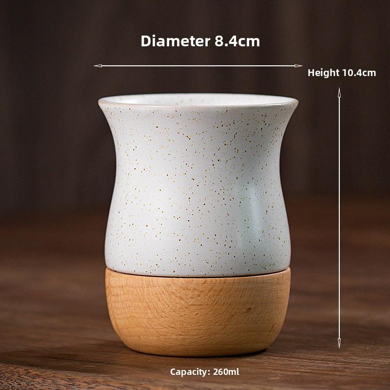 260ml Vintage Stoneware Coffee Mug with Wooden Saucer - Handcrafted Ceramic Espresso Cup for Office & Home Use