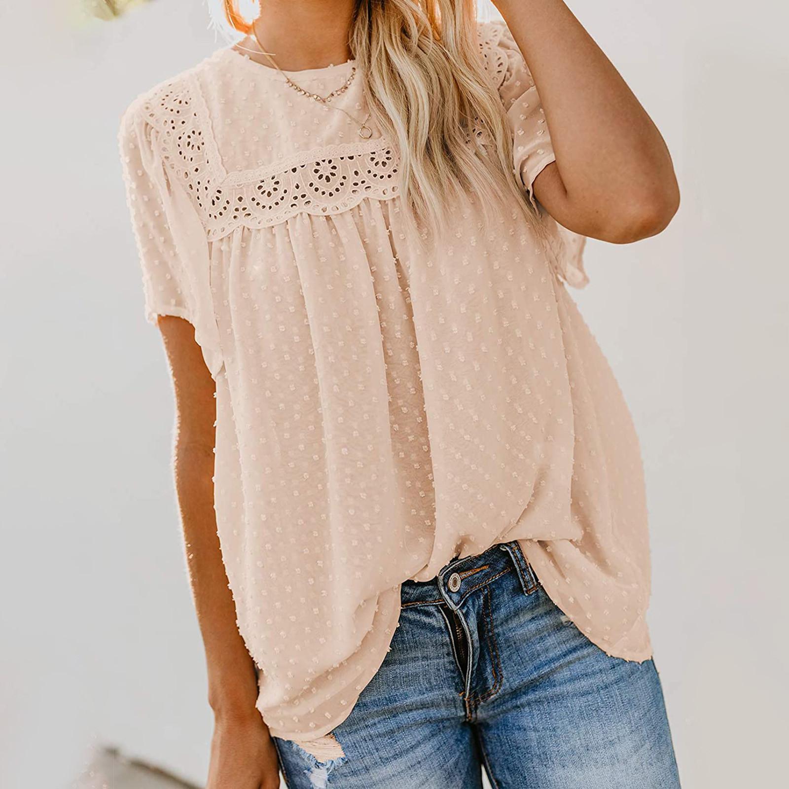 

Women Fashion Lace Short Sleeve Casual T-shirt Round Neck Loose Top L бежевий