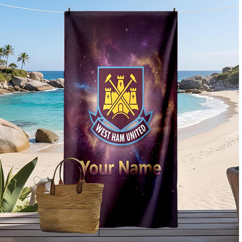 West Ham United FC Personalized Printed Beach Towel Soccer Logo Support Custom Name Text Absorbent Towel For Sport Travel Special Gift