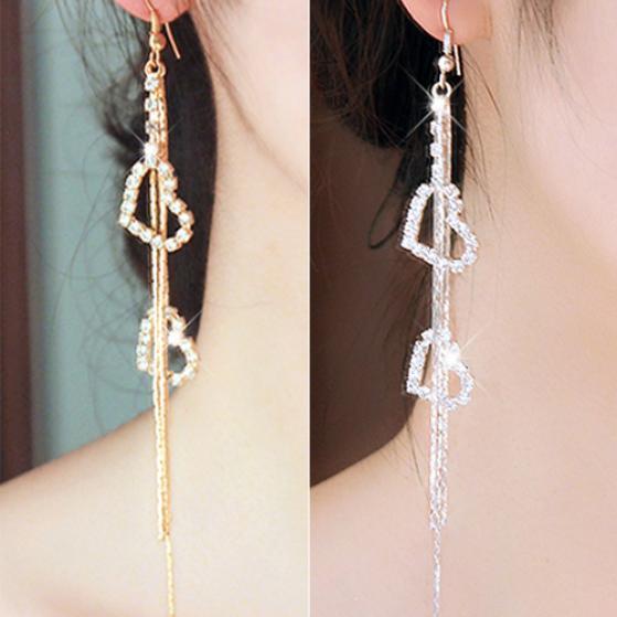 Lady Rhinestone Double Love Heart Drop Long Tassels Chain Dangle Linear Earrings