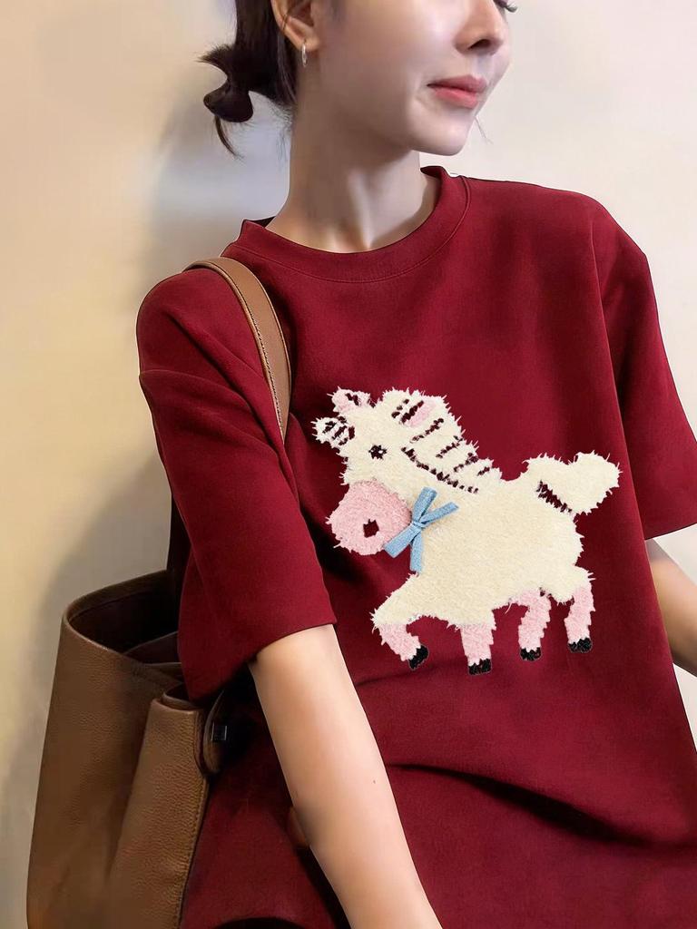 2026 Korean Retro Short Sleeve Women's T-Shirt with Small Horse Print - Trendy Round Neck Half Sleeve Top