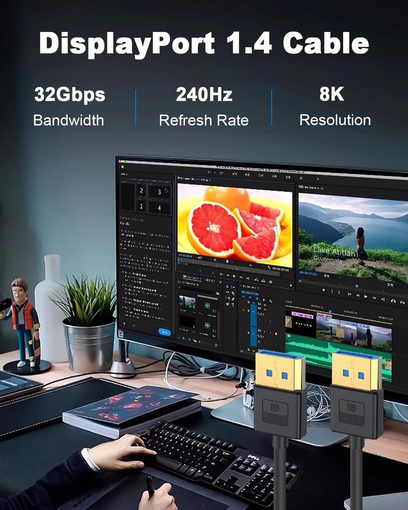 Duttek DisplayPort Silicone DisplayPort 8K DP Male To DP Male Supports for HD Gaming and TVs 1.4 Cable, 1.8m, Cable, Cable, 8K/60Hz, 4K/240Hz,