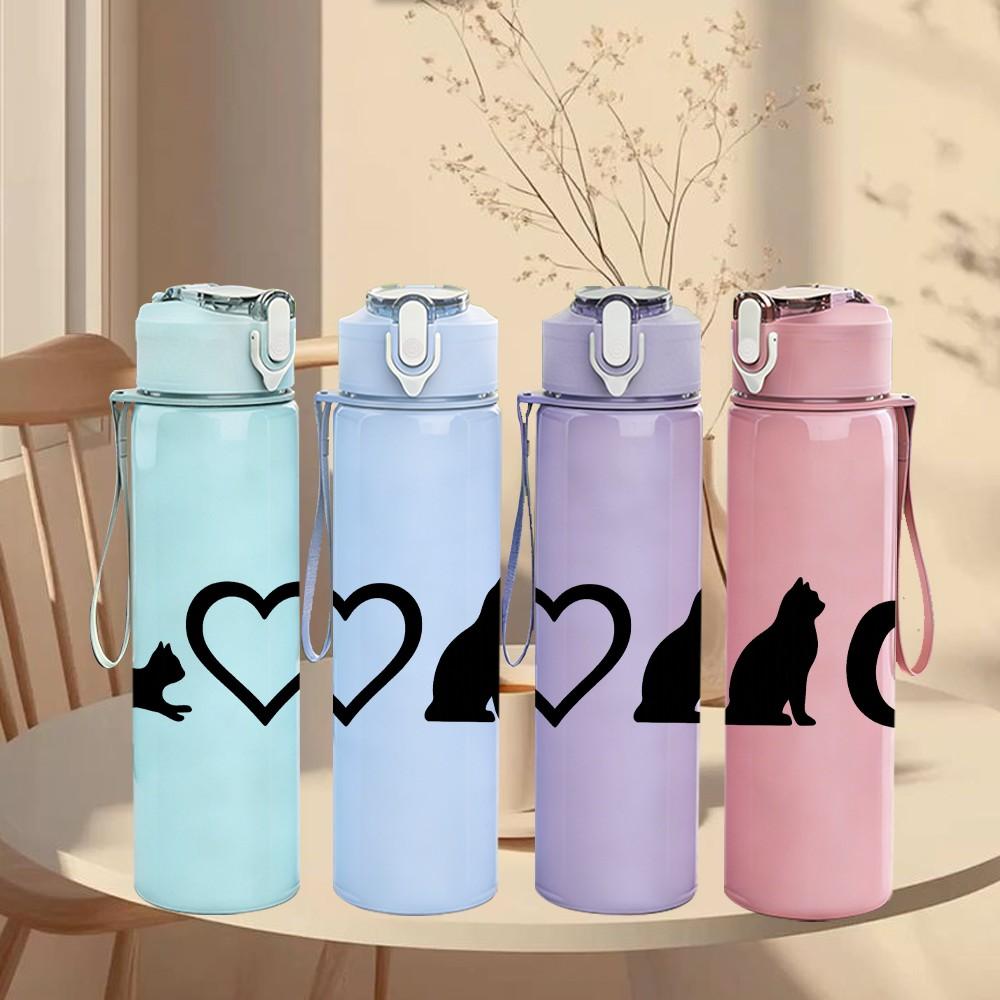 1PC Love Cat Silhouette Pattern 750ml Color Plastic Sports Water Bottle Leakproof Flip Straw Lid Suitable for Sports Office Home Use