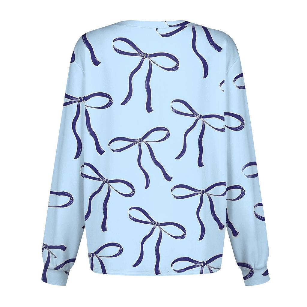 Women's Casual Long Sleeve Single Breasted Bow Printed Clothing Cardigan Top
