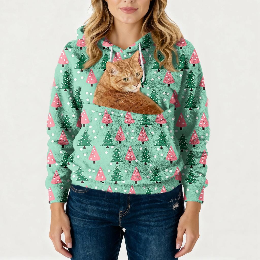 Women's Fashionable Casual Fleece Lined Long Sleeve Pocket Hooded Printed Sweatshirt
