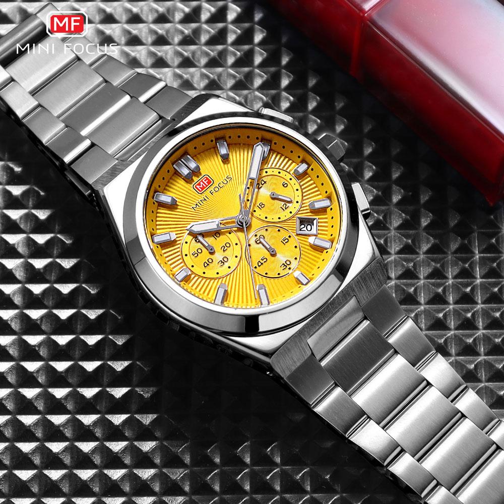 Fashion Men's Business Watches Yellow Green Dial Stainless Steel Strap Luminous Wateproof Quartz Wristwatch with Calendar