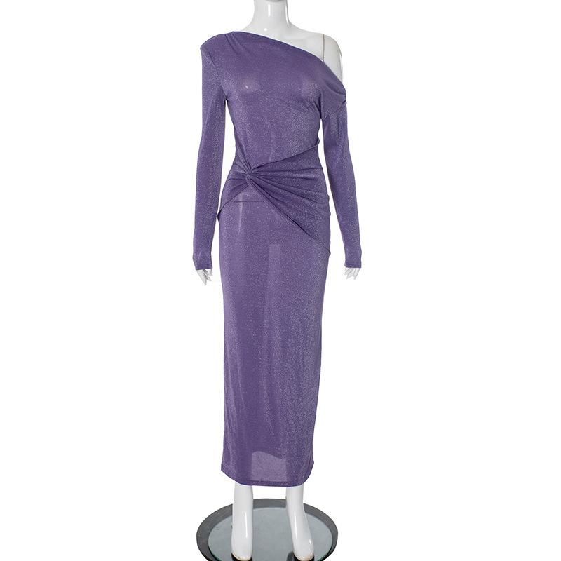 Long Sleeve Sexy Maxi Dress Women Inclined Shoulder Backless Bodycon Ruched Club Party Sexy Long Dress