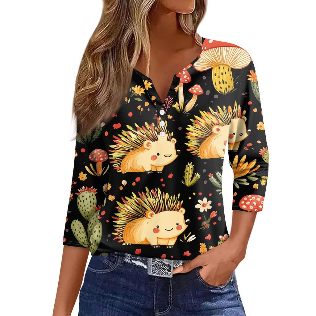 Women's Fashion Button V-Neck Seven Sleeve Cute Animal Print Casual Top