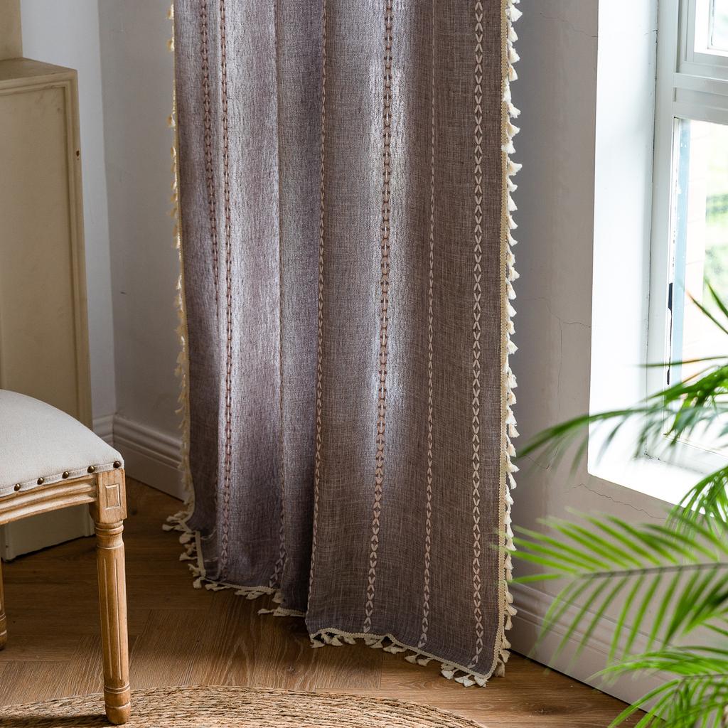 American Curtains Finished Thick Black Bohemian Semi-Blackout Room Living Room Decoration Balcony Floating Curtains