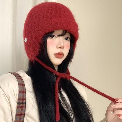 Koreanische Süße und Niedlichkeit Riemen Gestrickte Wollmütze Herbst und Winter Mode Kopf Ohrenschutzmütze Outdoor Lässig Warme Mütze Neu