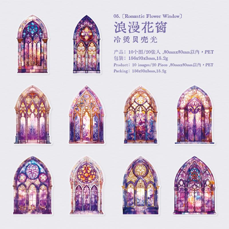 6 style 20pcs Colorful Glass Flower Window Theme Hot Stamping PET Sticker DIY Handmade Materials Scrapbook Background Decoration