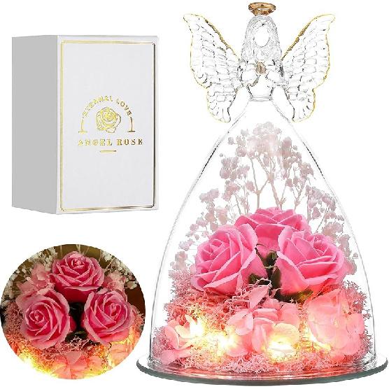 Mothers Day Mom Gifts for Women Preserved Flowers in Glass Angel Forever Flowers Gifts Eternal Roses Gifts for Grandma, Light Purple