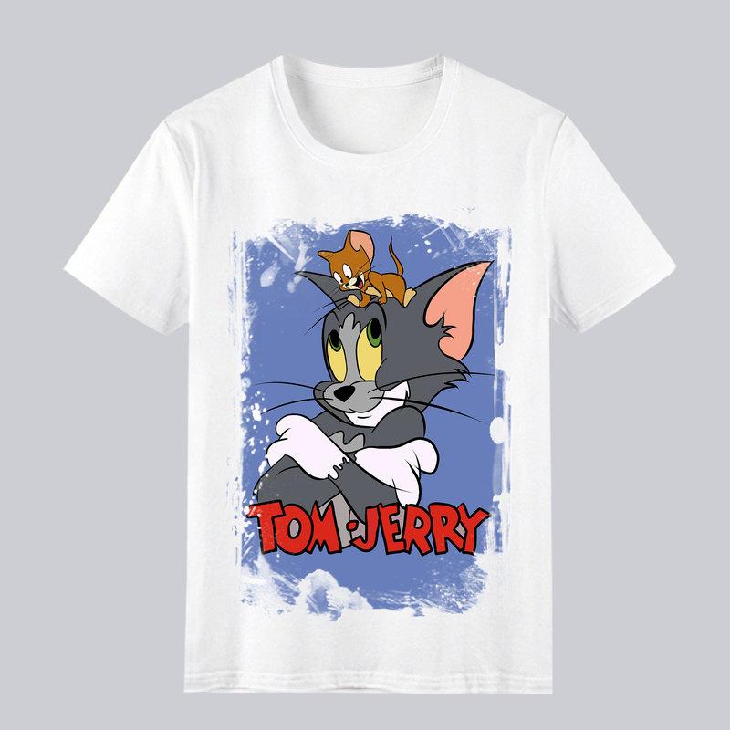 2026 Summer Comic Form Tom and Jerry Image 100 Cotton Printed Oversize Casual Tshirt Adult Children Parentchild Top Homewear