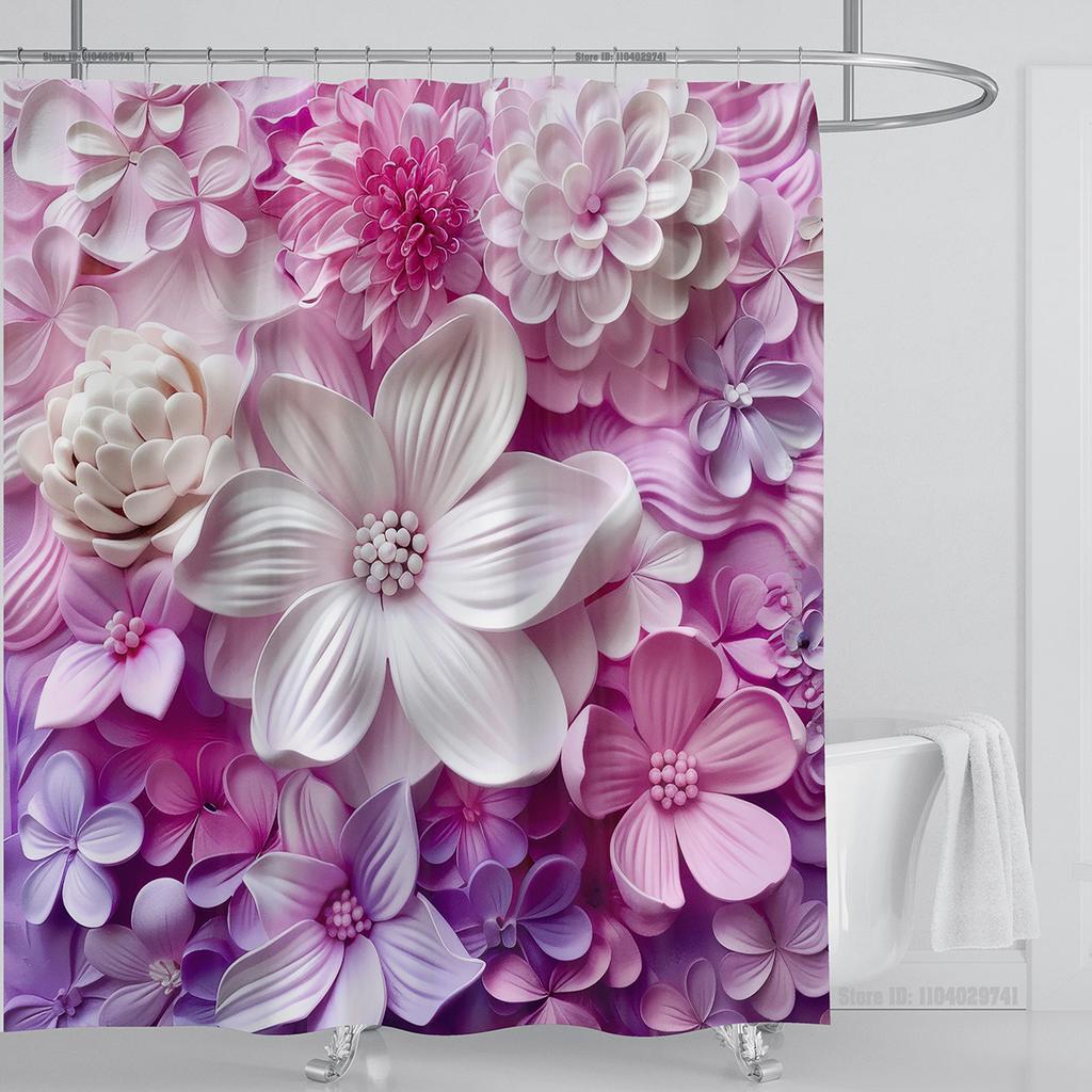 3D Red Floral Shower Curtain Set Pink Flower Design Fabric Bathroom Decor Waterproof Washable Shower Curtain Set with Hooks