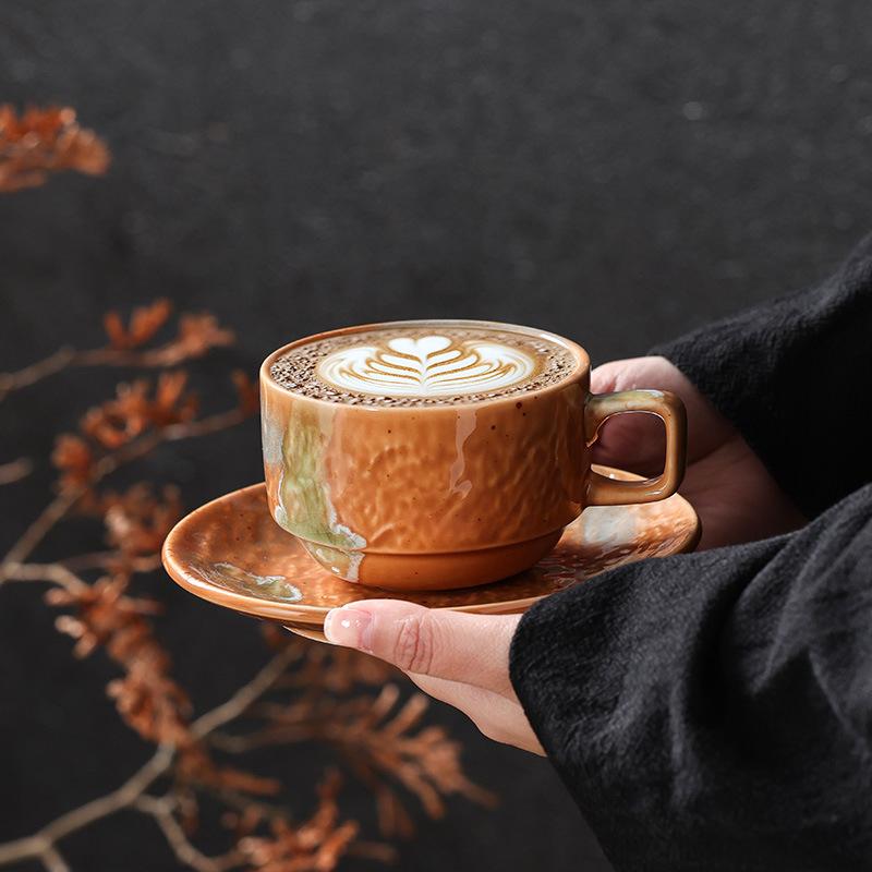 Ceramic Coffee Cup and Dish Set, Latte Latte, Afternoon Tea Cup, Vintage Coarse Ceramic Cup