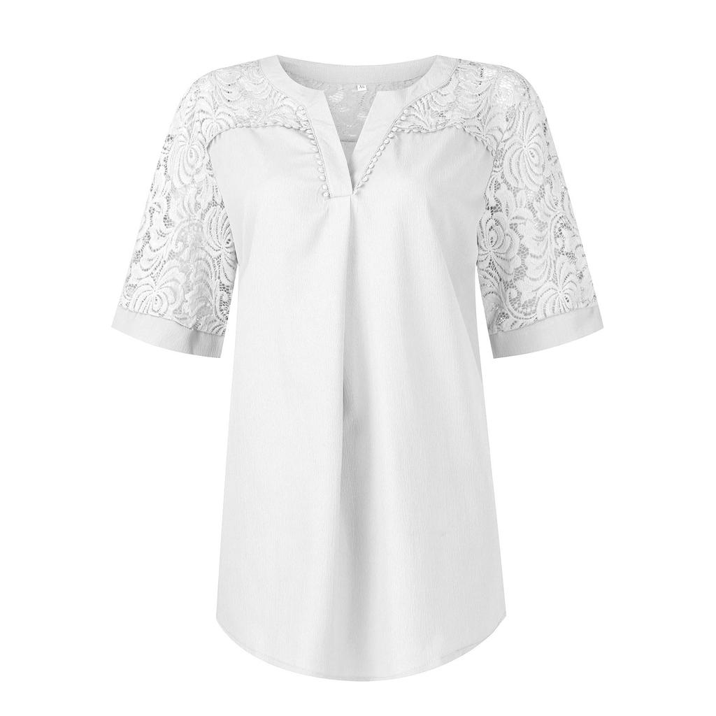 Kortermede skjorter for kvinner Blonder Patchwork T-skjorter Bluser Casual Basic Topper Pullover