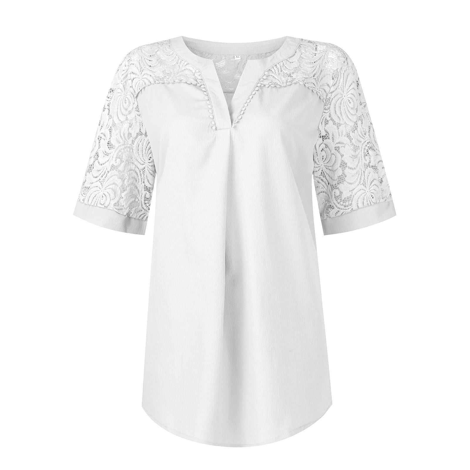 

Рубашки с коротким рукавом для женщин, кружевные лоскутные футболки, блузки, повседневные базовые топы, пуловеры XXL белый