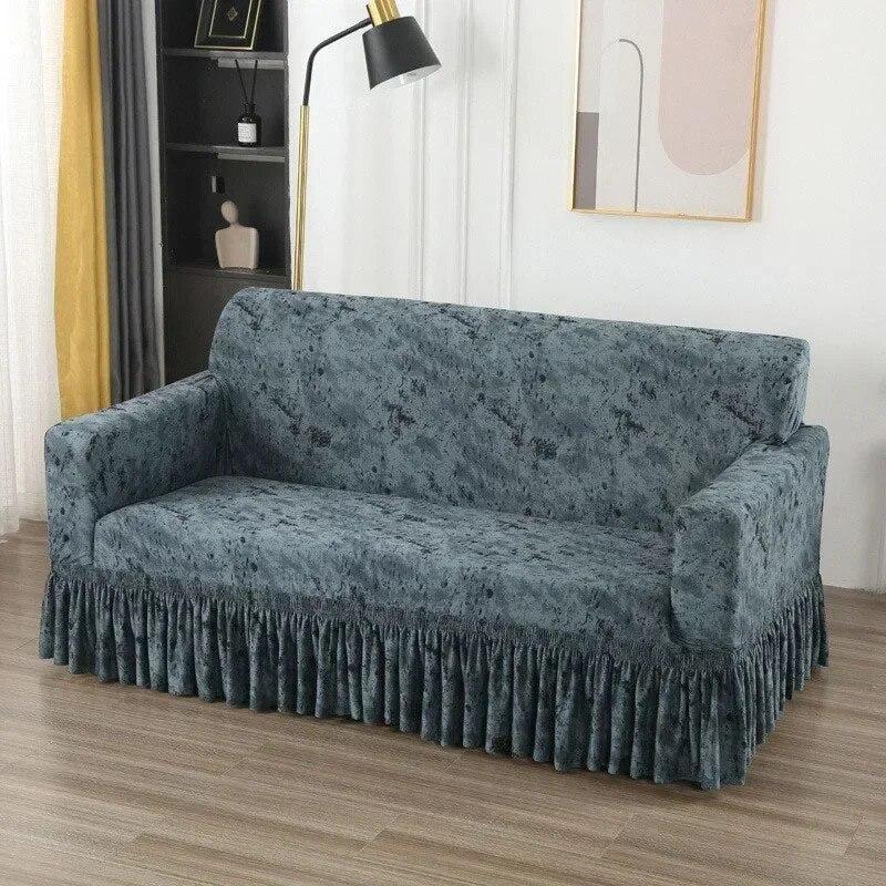 Sofaovertrekk med stort skjørt i europeisk stil, universalstoff for alle fire årstider, sklisikkert sofaovertrekk, full dekning, sofahåndkle med pute
