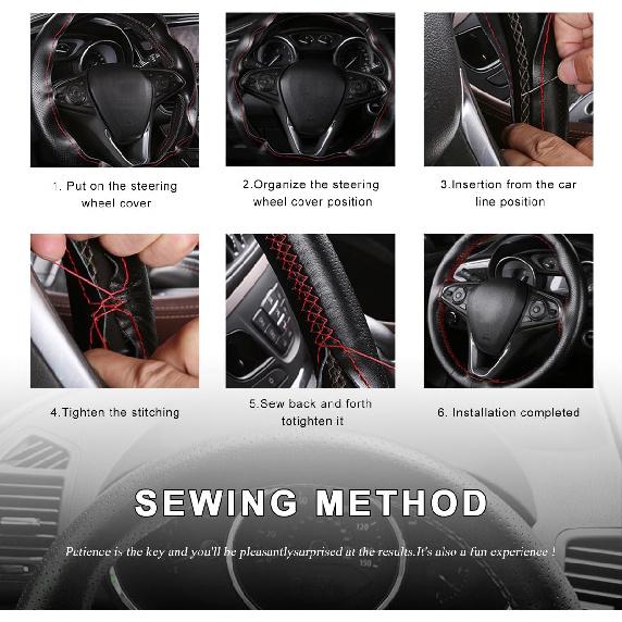 Genuine Leather Steering Wheel Cover, 15 Inches Breathable Stitch On Wrap Steering Wheel Cover, Anti-Slip Auto Wheel DIY Sewing Protector With Needle