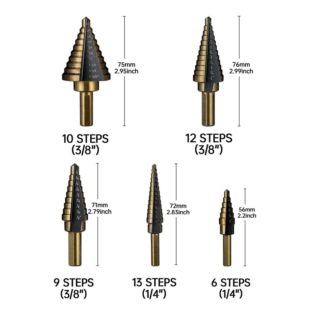 Step Drill Bits 5PCS HSS Titanium Step Drill Bit Set Covering 50 Sizes High Speed Steel Step Bits for Metal DIY Lovers