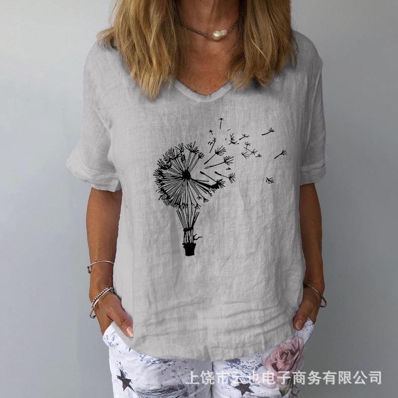 New Women's V-Neck Short Sleeve Loose Casual Pugongying T-Shirt