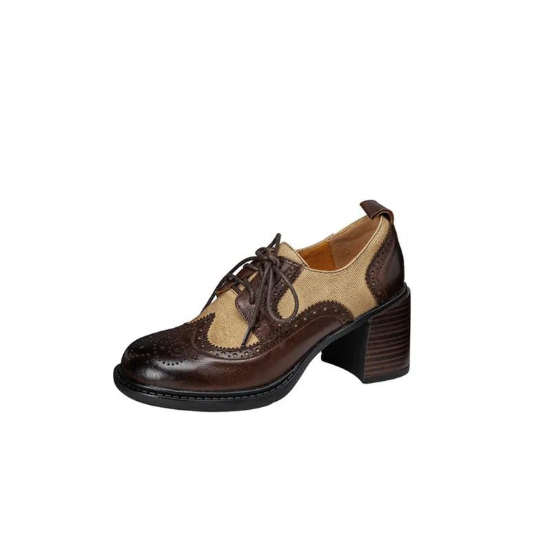 Fashion 2025 New Spring/autumn Brogue Designs Cow Leather Woman Shoes Round Toe High Heel Women Pumps Shoes for Women Fashion Loafers