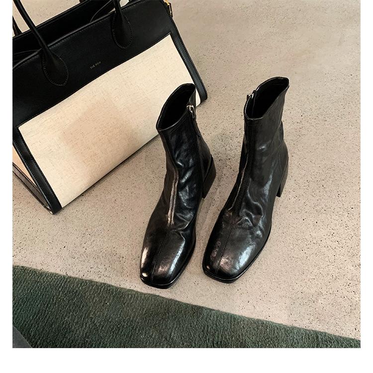 [Autumn and Winter Explosion] Korean Square Head Washed Horse Skin Thin Short Boots Thick Heel Side Zipper Thick Sole Small Ankle Boots Children