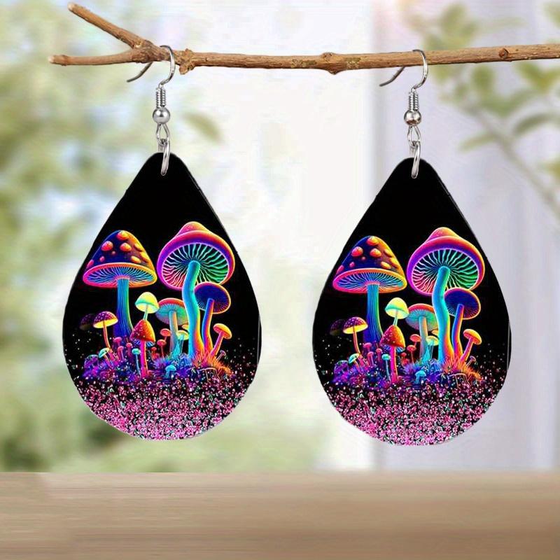 Glowing Mushroom Jellyfish Pattern PU Leather Earrings for Women Creative Fashion Earrings Double-sided Pattern Design Classic Water Drop Earrings