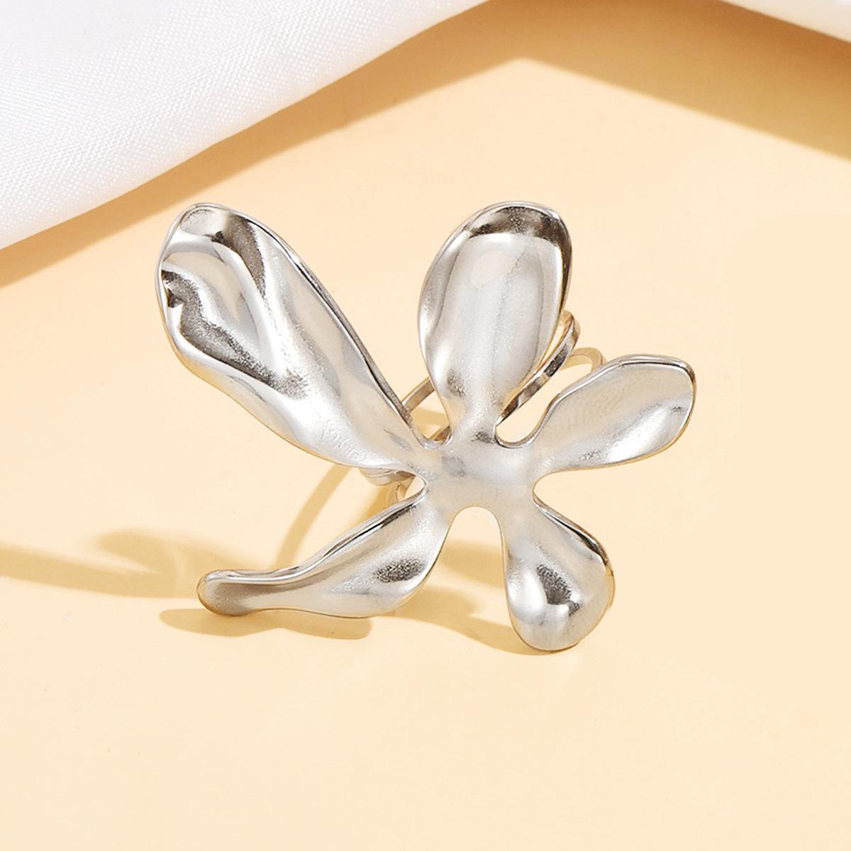18K Gold Plated Stainless Steel Exaggerated Open Flower Ring for Women